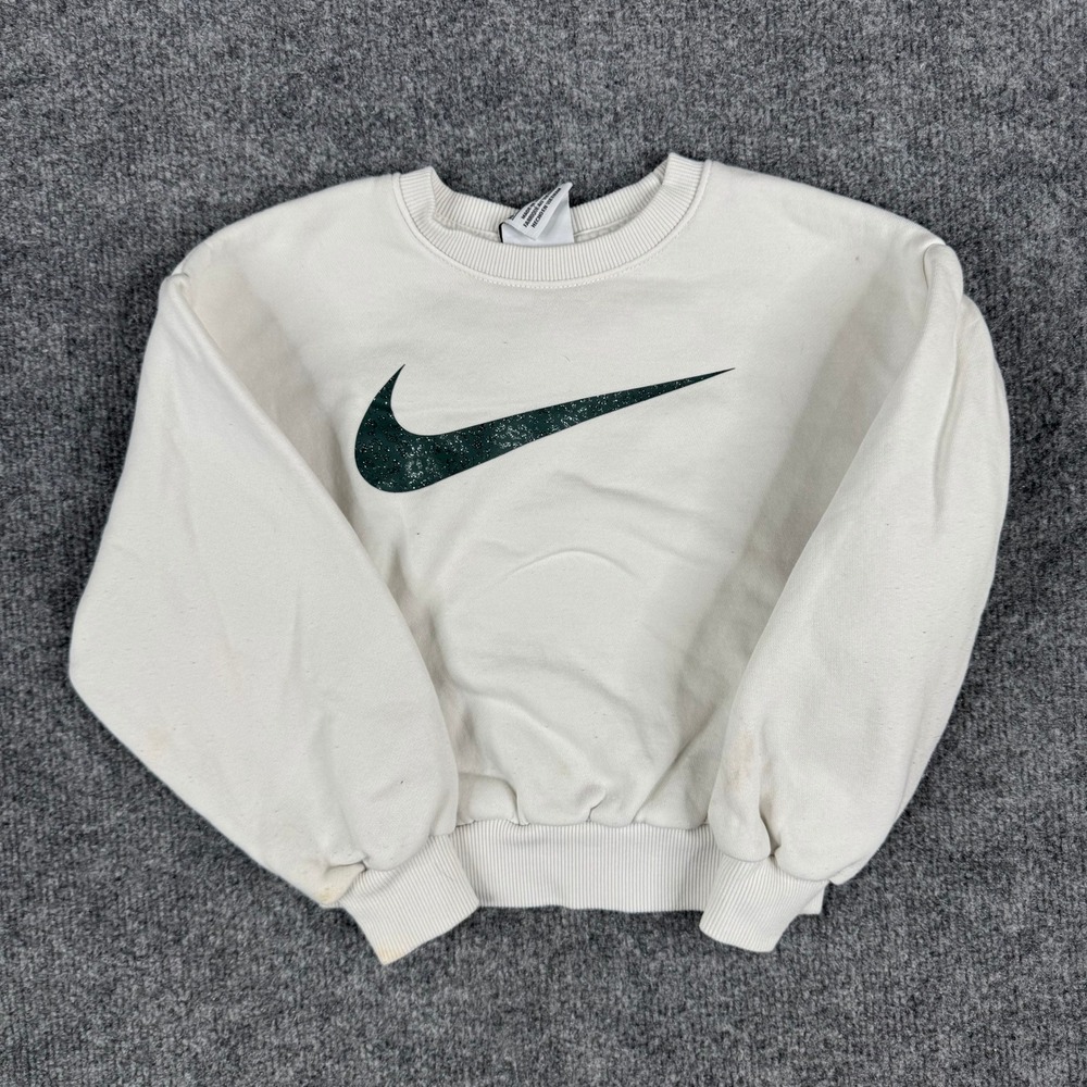 Nike Sweatshirt Kids Size 4XS Off-White Green Glitter Swoosh Logo Pullover